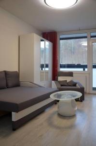 1 dormitorio con cama, sofá y mesa en Útulný apartmán v centru, s krásným výhledem, en Děčín