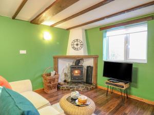 a living room with a fireplace and a tv at Kingfisher Cottage in Holsworthy