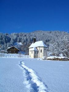 a snow covered field with a building in the background at Landhaus am Rosenbächle in Pfronten