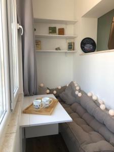 Central Studio Apartments في تيرانا: غرفة معيشة مع أريكة وطاولة قهوة