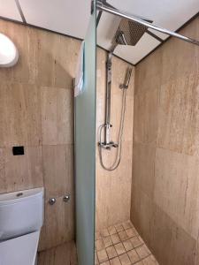 a shower with a glass door in a bathroom at VTZ Hotel San Valero in Zaragoza