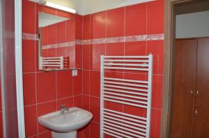 een rood betegelde badkamer met een wastafel en een spiegel bij Hotel Růženy in Hustopeče