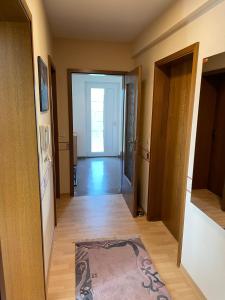 a hallway with a door and a rug on the floor at Ferienwohnung in Frielendorf in Frielendorf