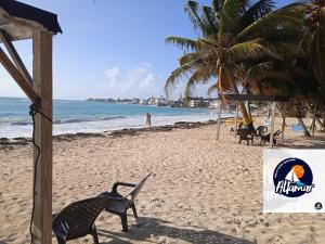 a beach with two plastic dinosaurs on the sand at APARTAMENTOS TURISTICOS ALTAMAR in San Andrés