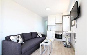 uma sala de estar com um sofá cinzento e uma cozinha em Beautiful Apartment In Torrevieja With Kitchenette em La Mata