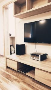 a living room with a flat screen tv on a entertainment center at Wici 2 Apartments Teofilow Wodny Raj in Teofilów