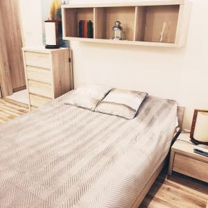 a bed sitting in a bedroom with a shelf at Wici 2 Apartments Teofilow Wodny Raj in Teofilów
