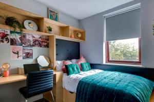 都柏林的住宿－Yugo Explore - Broadstone Hall，一间卧室配有一张床、一张书桌和一个窗户。