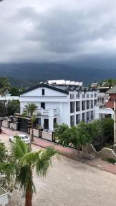 a white building with a palm tree in front of it at MİYAS LUXURY HOTEL in Kemer