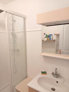 ein Badezimmer mit Dusche und Waschbecken in der Unterkunft Maison charmante à Vias + Piscine partagée in Vias + 24 Fotos