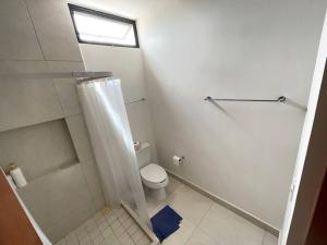 ein Bad mit einer Dusche und einem WC mit einem Fenster in der Unterkunft Casa Otavia, con alberca para 6 huéspedes y mascotas in Conkal