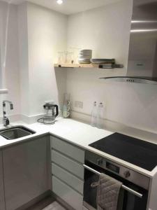 a kitchen with a sink and a stove top oven at Goring Beach Studio - 2 min walk from seafront in Goring by Sea