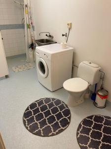 a bathroom with a toilet and a washing machine at Vackert hus i Fröseke närmare naturen in Fröseke +22 photos