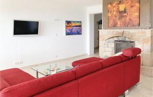 - un canapé rouge dans le salon avec cheminée dans l'établissement Cozy Home In Seillans With Kitchen, à Seillans