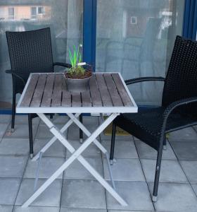 einem Holztisch mit Topfpflanze auf einer Terrasse in der Unterkunft Ferienwohnung Bruderwald in Bamberg