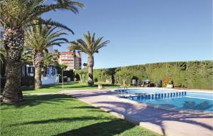 トレビエハにあるStunning Home In Torrevieja With 3 Bedrooms, Wifi And Outdoor Swimming Poolのヤシの木が並ぶスイミングプール