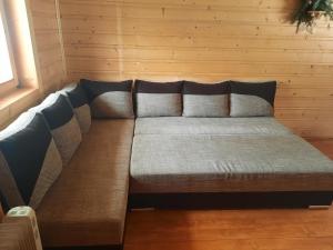 KamesznicaにあるVilla Różaの木製の壁の客室内に大きなソファ +33枚の写真