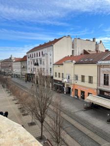 pusta ulica miejska z budynkami i drzewami w obiekcie Széchenyi Apartman (IV Deluxe) Miskolc belvárosában w Miszkolcu