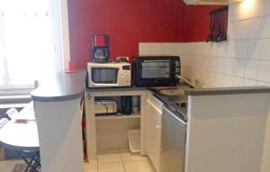 a kitchen with a counter with a microwave on it at Gorgeous Apartment In Vildé-La-Marine in Vildé la Marine