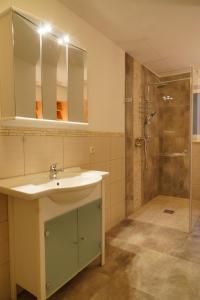 a bathroom with a sink and a shower at Ferienwohnung Am Eifelsteig, Golbach in Kall