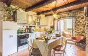 uma cozinha com uma mesa e um frigorífico branco em Casa Lina em Comano