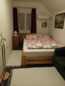 a bedroom with a bed in a room with a window at Mézeskuckó in Tiszaszőlős