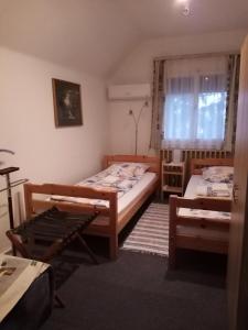 a bedroom with two beds and a window at Mézeskuckó in Tiszaszőlős