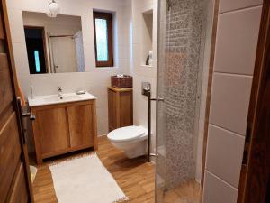 ein Bad mit einem WC, einem Waschbecken und einer Dusche in der Unterkunft Appartment, Wieliczka by Cracow in Wieliczka