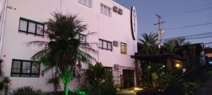 a white building with a palm tree in front of it at Vespasiano Hotel Telêmaco Borba in Telêmaco Borba