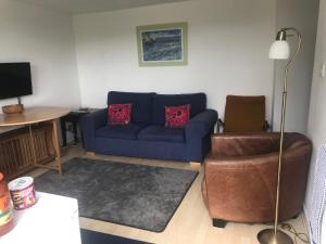 uma sala de estar com um sofá azul e uma cadeira em Meadow View Lodge em Begelly