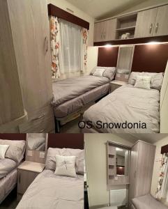 سرير أو أسرّة في غرفة في Snowdonia Holidays Caravan Hire - Aberdunant Park - 111 Silver Birch