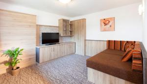 レンゲンフェルトにあるレーンホフのベッド1台、薄型テレビが備わる小さな客室です。