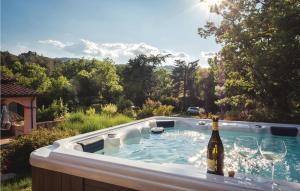 a bottle of wine and glasses in a hot tub at Casale S, Giacomo in Castel del Piano