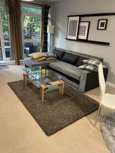 a living room with a couch and a glass coffee table at Allen Luxury Apartment in Coventry