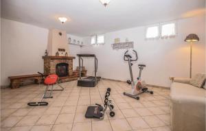 a living room with a fireplace and some exercise equipment at Casa Rebecca in Torre del Lago Puccini