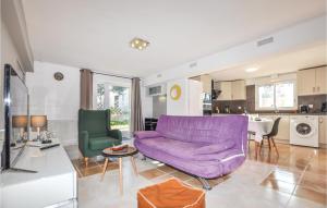 VinassanにあるGorgeous Apartment In Vinassan With Wifiの紫色のソファ付きのリビングルーム、キッチンが備わります。
