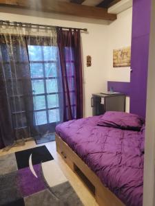 托农莱班Maison Le Lézard chez Amalia et Fred的带紫色床和窗户的卧室