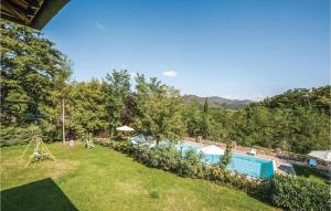 un patio trasero con piscina y árboles en Camelia, en Lucolena in Chianti
