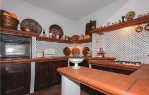 a large kitchen with wooden cabinets and a counter top at Villa Eugenia in Favazzina