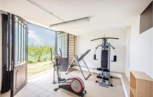 une salle de sport avec un tapis de course et une fenêtre dans l'établissement Villa Del Drago, à Ponticino