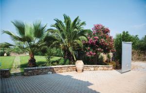 a doorway to a garden with palm trees and a yard at Caprice in Míloi