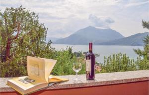 a bottle of wine and a book and a wine glass at Casa Giovanna in Bellano