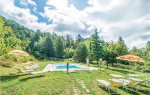 a pool with chairs and umbrellas in a yard at Casellina in Apecchio