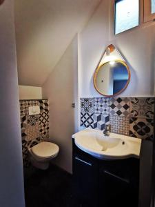a bathroom with a sink and a toilet and a mirror at Chambre d'hôtes casa di l'apa in Venaco