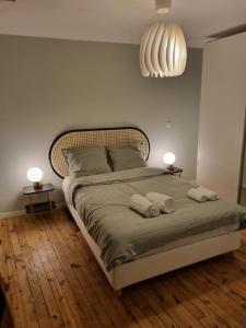 1 dormitorio con 1 cama con 2 toallas en Emeraude, T2 design tout équipé Châteaucreux-Gare, en Saint-Étienne
