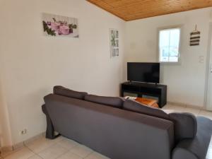 sala de estar con sofá y TV en Maison des Trèmières, en Brem-sur-Mer