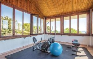 un gimnasio con una pelota de gimnasia y equipamiento de gimnasia en una sala con ventanas en Villa James, en San Costanzo