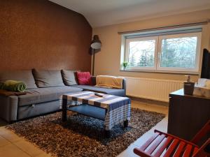 ein Wohnzimmer mit einem Sofa und einem Tisch in der Unterkunft Maison La Lande in Weismes