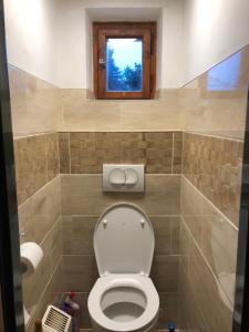 a bathroom with a toilet with a window above it at Chata se zahradou in Týnec nad Labem