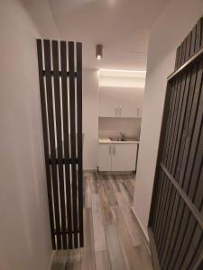 a room with a hallway with a wooden floor and a kitchen at Reina Victoria Prado Sastre in Alicante
